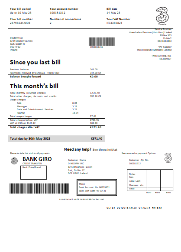 Three Ireland (Hutchison) Limited utility business bill,  GO PSD template